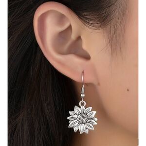 Simple Silver 3D Carved Dangle Sunflower Earrings